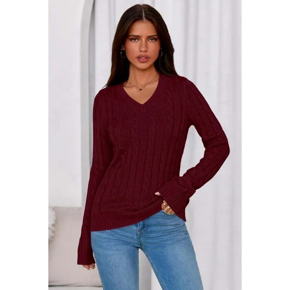V Neck Cable Knit Sweater Women Fitted Long Sleeve Fall Top Casual Style - Picture 2 of 6